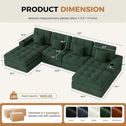 144" U Shaped Cloud Boneless Couch,Modern Modular Sectional Sofa with Layered Cushion,No Assembly Convertible Corduroy Couches for Living Room,Green 1 PCS