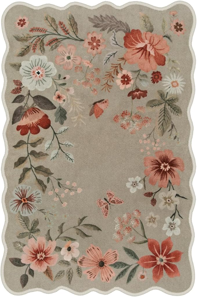 Lahome Floral Washable Rugs 8x10, Non-Slip Soft Bedroom Rug Stain Resistant, Ultra-Thin 8x10 Rugs for Living Room Boho Rug Accent Carpet for Dining Room Office Flore (8x10ft,Brown)