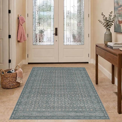 Rugxara 3x5 Washable Entryway Rug, Non Slip Boho Runner Rugs for Hallway, Entrance, Kitchen, Bathroom, Laundry Room, Soft Entryway Carpet, Throw Low Pile Retro Imitation Wool Carpet, Soft Blue