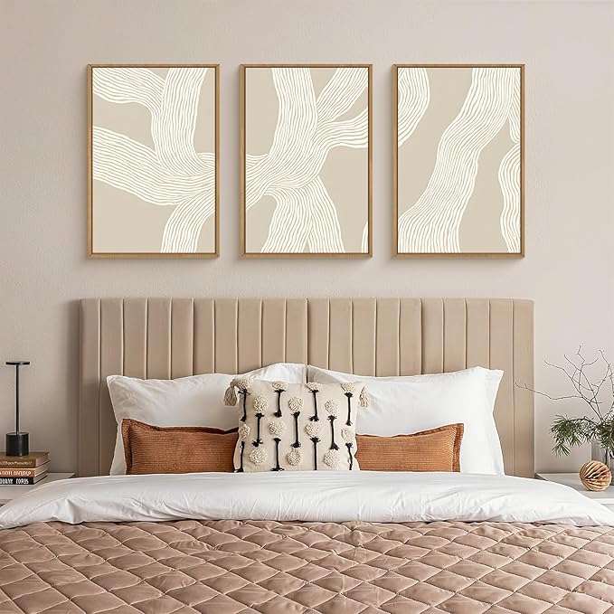 HPNIUB Large Abstract Beige Framed Canvas Prints Wall Art Set,Neutral Minimalist Lines Wall Decor,Modern Textured Artwork for Living Room, Bedroom,Dining Room, Office, Bathroom Decor-24 x36 x3