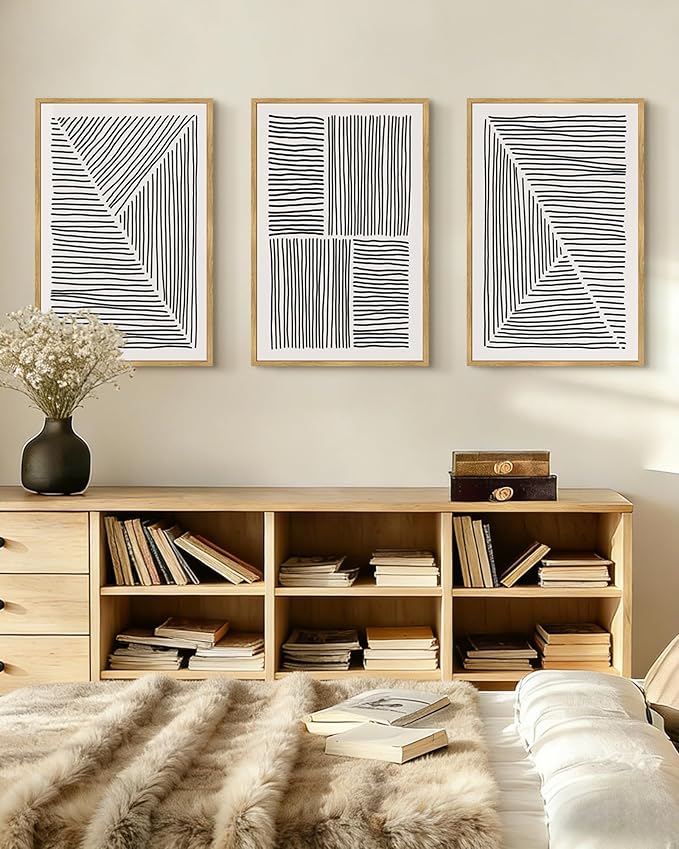 Drsoum Mid-Century Modern Framed Wall Art Large 16x24in Minimalist Abstract Boho Black Line Wall Decor Geometric Artwork Kitchen Dining Room Natural Framed
