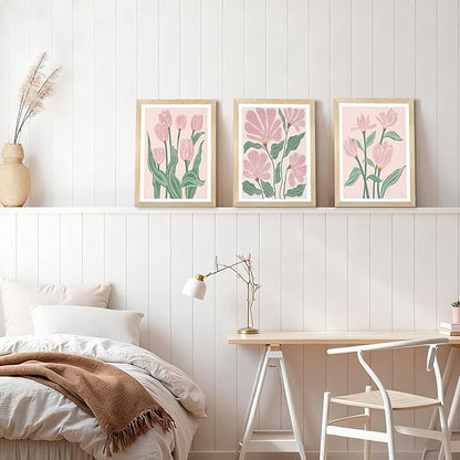 JLTULT 3 Pieces Pink Tulips Floral Wall Art, Boho Pink Green Botanical Wall Decor, Modern Abstract Flowers Paintings Art Prints for Living Room Bedroom Home Office12x16 inch Wood Framed Ready to Hang