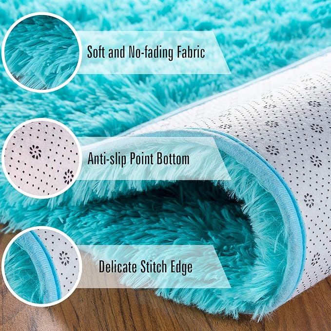 Andecor Soft Fluffy Bedroom Rugs, 5 x 8 Feet Indoor Shaggy Plush Area Rug for Boys Girls Kids Baby College Dorm Living Room Home Decor Floor Carpet, Teal Blue