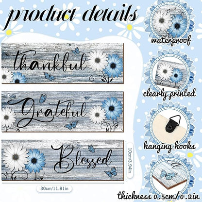 Geetery 3 Pcs Thankful Grateful Blessed Wooden Signs Rustic Daisy Wood Wall Decor Inspirational Wall Art Signs Rustic Wooden Hanging Decorations for Bedroom Kitchen Living Room Bathroom Home (Blue)