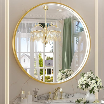 Keonjinn 32 Round LED Mirror for Bathroom with Lights, 3 Color Lights Gold Metal Framed Frontlit, Circular Wall Vanity Mirror Dimmable Makeup Mirror Anti Fog UL Listed CRI≥90