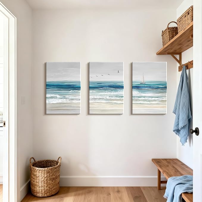 WENGTIAO Abstract Ocean Wall Art Set of 3 Blue Beach Canvas Paintings Minimalist Coastal Prints Pictures Sail Boat Home Decor Seascape Artwork for Living Room Bedroom Hallway 16”x24”x3Pcs