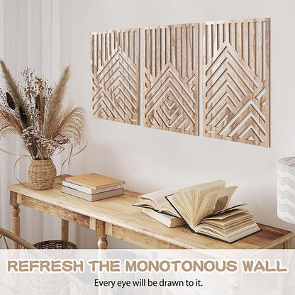 3PCS Wood Mountain Wall Art, Modern Wooden Panel Mountain Wall Decor, Decorative Forest Nature Abstract Line Minimalist Wall Art for Living Room Bedroom Farmhouse, 16.5x 12.5in (Light brown)