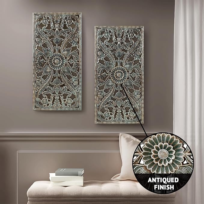 Madison Park Wall Art Living Room Décor - Floral Antiqued Wooden Carving Wall Decor Panel, Copper Embellished, Ready to Hang Wall Decor for Bedroom, 15.75"W x 31.5"L x 0.59"D, Patina Blue, 2 Piece