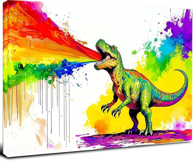 12x16 Graffiti T-Rex Dinosaur Spitting Rainbow Frie Wall Art Colorful Abstract Pop Canvas Prints Kids Room Decor Teen Boys Bedroom Rainbow Framed Wall Pictures Posters Funny Bathroom Animal Pictures