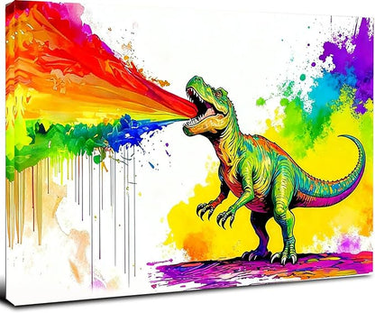 12x16 Graffiti T-Rex Dinosaur Spitting Rainbow Frie Wall Art Colorful Abstract Pop Canvas Prints Kids Room Decor Teen Boys Bedroom Rainbow Framed Wall Pictures Posters Funny Bathroom Animal Pictures