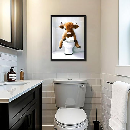 Highland Cow Bathroom Decor Set of 3, Funny Brown Cute Highland Cow Wall Art Paintings, Vintage Rustic Farmhouse Canvas Pictures Posters Prints for Bathroom, Restroom Black Wood Framed 12x16 Inch