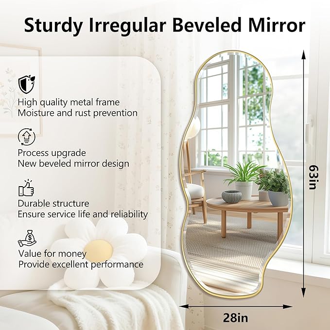 POZINO Large Irregular Mirror, 63"x28.5" Asymmetrical Metal Frame Mirror with Beveled Edge, Premium Organic Wall Mirrors for Living Room Bedroom Hallway Entryway, Horizontal/Vertical Hanging