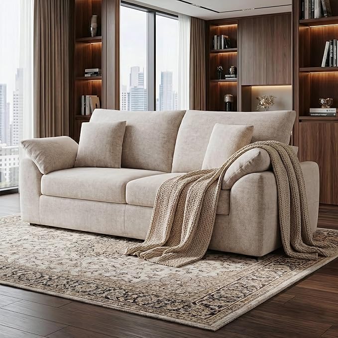 89.8" Modern Loveseat Sofa for Living Room, Cloud Boneless Couches with 4 Pillows, Mid Century Loveseat couches for Small Place, No Assembly Required, Camel
