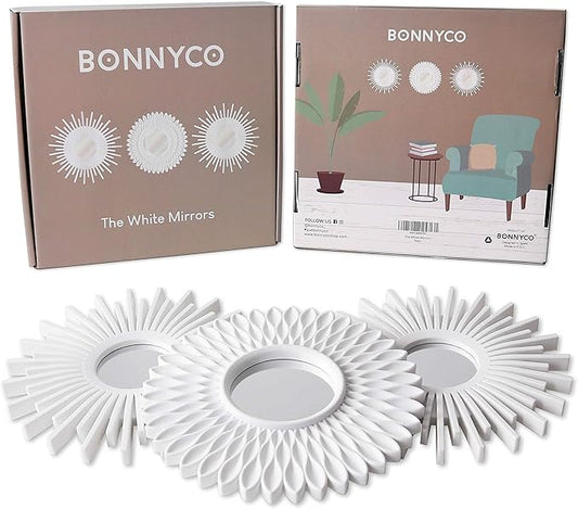 BONNYCO Wall Mirrors Pack of 3, Round White Mirrors for Home Decor, Bedroom and Room. Espejos Decorativos de Pared Sala Dormitorio, Circle Wall Decor Minimalist Vintage, Chic. Gifts for Women Mums
