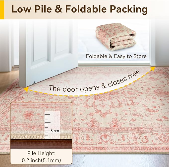 RELEANY Area Rugs 6'x9' Washable Non-Slip, Floral Vintage Distress Print Pattern Medallion Carpet for Living Room Bedroom Dining Room, Pink Light Vintage Pink