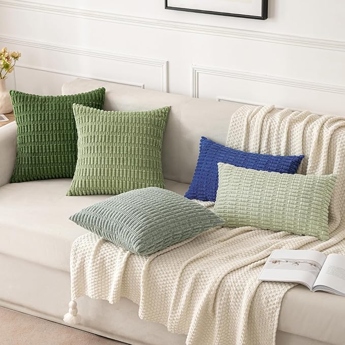MIULEE Pack of 2 Spring Corduroy Decorative Euro Sham Throw Pillow Covers 24x24 Inch Soft Boho Striped Pillow Covers Modern Farmhouse Home Decor for Summer Sofa Living Room Couch Bed Moss Green