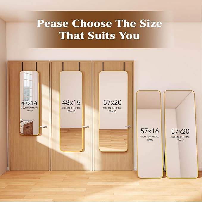 NARCISSUS 57x16 Mirror Door Hanging Full Length Body with Floor Stand or Wall Mounted Metal Aluminum Frame Tempered Glass Rectangle Mirrors for Bedroom Dressing Living Room Bathroom 57 inch Gold