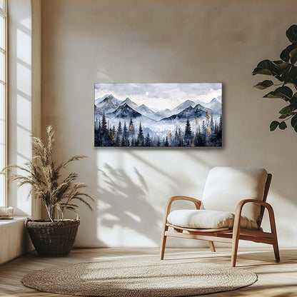 SERIMINO Mountain Landscape Large Wall Art, Misty Forest Canvas Prints, Blue Gold Watercolor Pine Tree Paintings Wall Decor Living Room Bedroom, Natural Scenery Office Decor Pictures 20"X40"