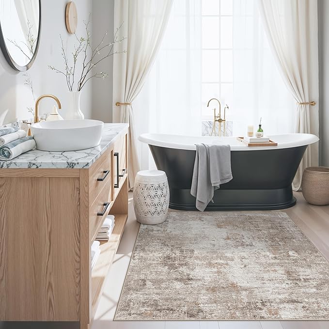 4x4 Square Entryway Rug Washable – Non-Slip Small Area Rug for Kitchen or Bathroom, Soft Low-Pile Indoor Mat, Modern Abstract Thin Door Carpet (Beige Grey)