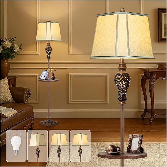 65" High Vintage Floor Lamp with Night Light and Metal Tray, Farmhouse Standing Lamp with Beige Faux Silk Shade, Retro Rustic Tall Lamp Decor for Living Room, Bedroom, Bedside, Corner (Bulb Included)