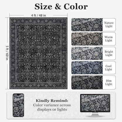 Dark 4x5 Area Rugs, Washable Throw Rugs with Rubber Backing for Kitchen Entryway, Low Pile Thin Throw Carpet Rug for Foyer/Nursery/Home Office/Living Room, Vintage Farmhouse Midnight