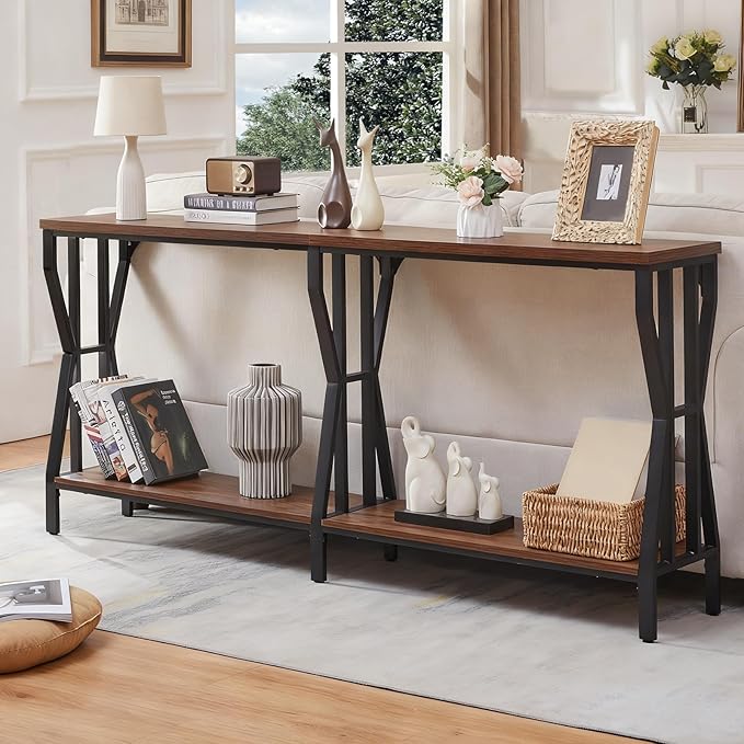 HOMISSUE Sofa Console Table, 63" Extra Long Sofa Table with 2-Tier Storage, Industrial Narrow Console Tables Behind Couch, Hallway Table for Entryway, Living Room, Rustic Brown