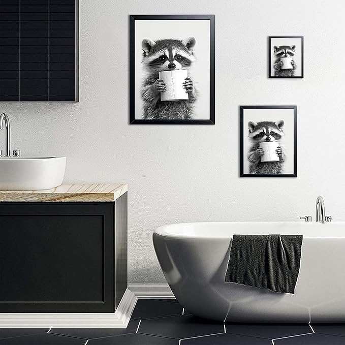 XYHYRA Bathroom Wall Art, Cute Black and White Raccoon Canvas Prints Poster, Funny Animal Decor Oil Painting, Modern Farmhouse Picture Artwork for Bathroom Toilet Wall Decor 12X16 Inch Framed