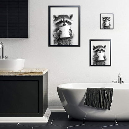 XYHYRA Bathroom Wall Art, Cute Black and White Raccoon Canvas Prints Poster, Funny Animal Decor Oil Painting, Modern Farmhouse Picture Artwork for Bathroom Toilet Wall Decor 12X16 Inch Framed