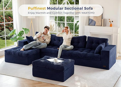 MAXYOYO 132" U Shaped Modular Sectional Sofa with 2 Ottomans, Cloud Boneless Couch with Layered Cushion, Flexible Module Combination Sofa for Living Room, No Assembly Required, Navy