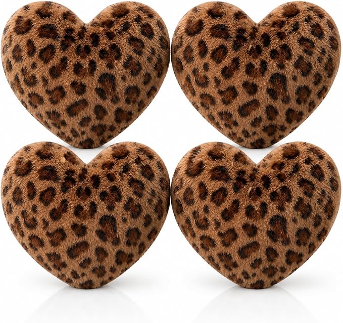 4 Pack Leopard Heart Shaped Pillow Small Cheetah Print Love Pillows 13 x 10 Inch Faux Rabbit Fur Pillows Leopard Throw Heart Pillow for Wedding, Anniversary, Vintage Room Decorative