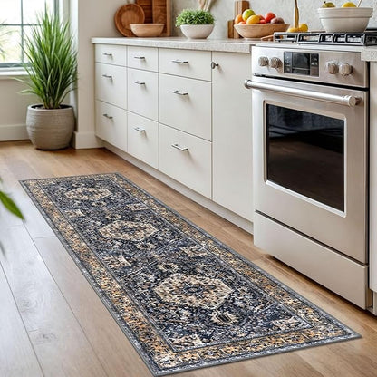 KOZYFLY Runners for Hallways 2x7 Ft Washable Kitchen Runner Rug Boho Runner Rug for Entryway Indoor Gold/Orange/Navy Printed Oriental Faux Wool Floor Carpet Runner for Bedroom