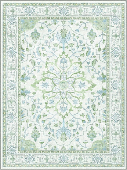 RELEANY Area Rugs Square 8ft Washable Non-Slip, Floral Vintage Distress Print Pattern Medallion Carpet for Living Room Bedroom Dining Room, Green White Blue