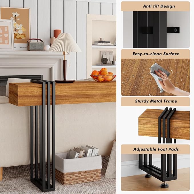 knoworld 63 Inch Long Console Table, Industrial Sofa Table Behind The Couch Rectangular Entryway Table for Entrance Hallway Living Room, Rustic Brown