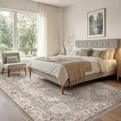 EIEIHOUSE Washable Area Rugs for Living Room -7x10 Neutral Vintage Distressed Floral Farmhouse Boho Large Soft Floor Rug Indoor Non Slip Carpet for Living Room Bedroom Dining Room Office-Brown/Multi