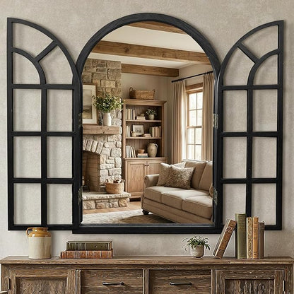 Arched Window Mirrors for Wall, Wooden Rustic Farmhouse Mirror for Wall Decor 26 x 38 Black, Decorative Wall Mirror Arch for Living Room, Bedroom, Bathroom, Fireplace, Farmhouse
