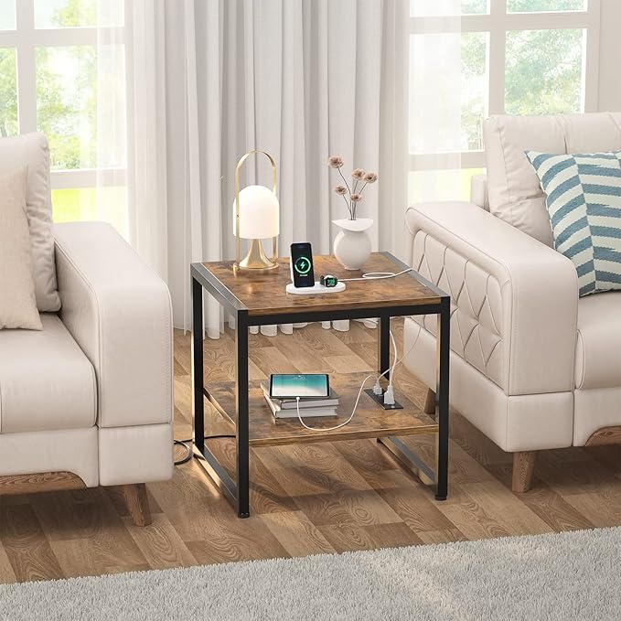 Homieasy End Table with Charging Station, 20" Mini Fridge Stand with Power Outlets, Heavy Duty Side Table for Living Room, Small Table Stand & Fridge Table, Rustic Brown