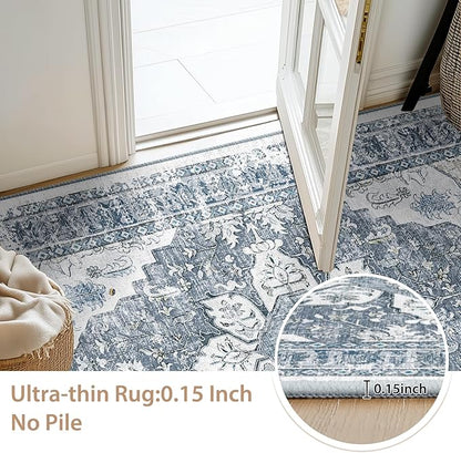 BESTSWEETIE 9x12 Area Rug Washable Rugs for Living Room, No Pile Boho Carpet for Entryway Bedroom Dinning Room, Vintage Carpet Print Distressed Non-Slip, 9 x 12 ft, Blue Grey White