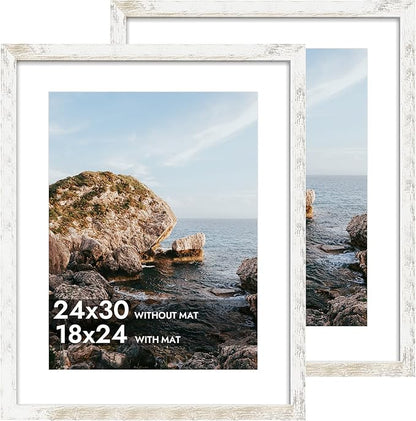 iRahmen 24x30 Poster Frame with 18x24 Mat - Plexiglass Wooden Picture Frames for Photo Wall Gallery Mounting (Distressed-White, Set of 2)