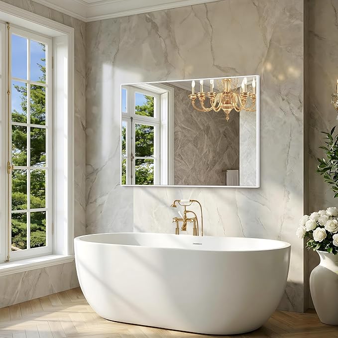 BONEWEI White Bathroom Mirror,36x48 inch Wall Mirror for Bathroom Wall Mounted,Large Rectangle Mirror for Bathroom Over Sink,Modern Metal Frame for Living Room,Bedroom Entryway,Horizontal/Vertical