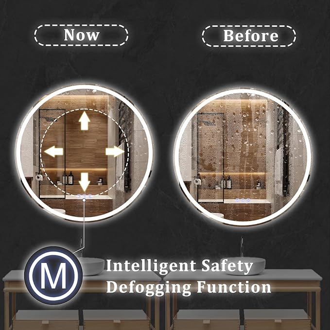 BEAUTYPEAK 30x30 LED Round Bathroom Mirror with Lights, Anti-Fog, Dimmable, Backlit + Front Lit, Lighted Bathroom Vanity Mirror for Wall, 3 Colors, Memory Function, Tempered Glass, Shatter-Proof
