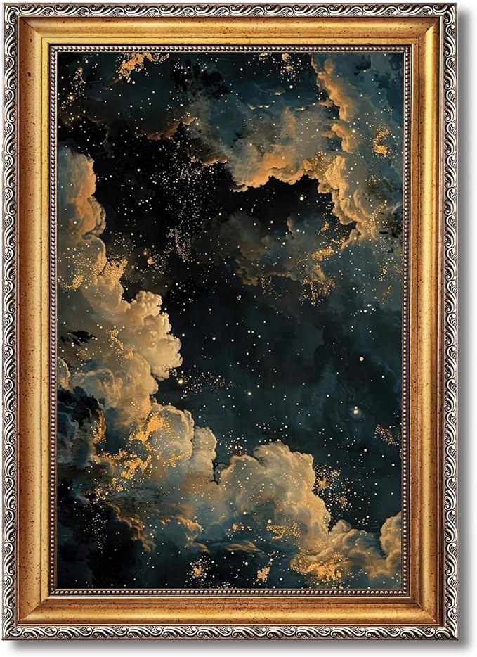 Balsuka Moody Celestial Wall Art Dark Academia Decor Maximalist Gothic Sky Poster Abstract Cloudy Night Aesthetic Canvas Print Vintage Astronomy Painting for Bedroom Library 24x36inch Vintage Framed
