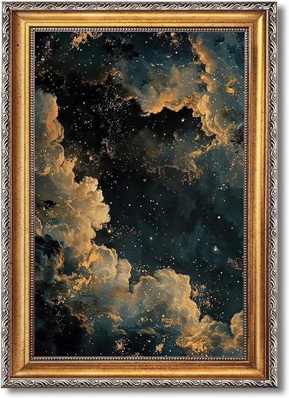 Balsuka Moody Celestial Wall Art Dark Academia Decor Maximalist Gothic Sky Poster Abstract Cloudy Night Aesthetic Canvas Print Vintage Astronomy Painting for Bedroom Library 24x36inch Vintage Framed