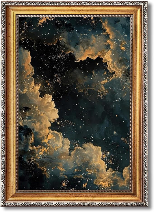 Balsuka Moody Celestial Wall Art Dark Academia Decor Maximalist Gothic Sky Poster Abstract Cloudy Night Aesthetic Canvas Print Vintage Astronomy Painting for Bedroom Library 24x36inch Vintage Framed