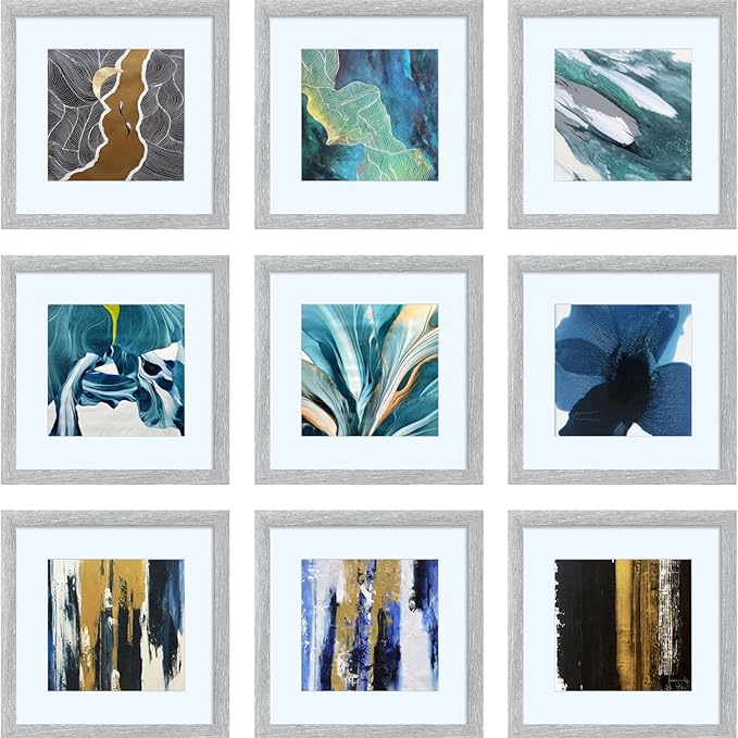 HEART ART 12x12 Grey Picture Frame Set of 9, Display Pictures 8x8 with Mat or 12 x 12 without Mat, Multi Collage Gallery Square Gray Photo Frames for Wall