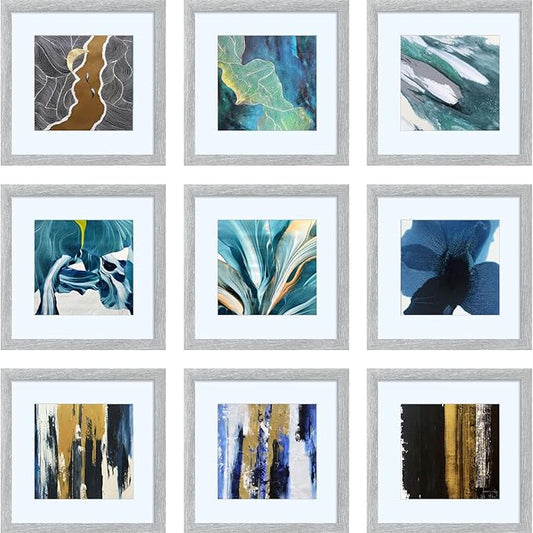HEART ART 12x12 Grey Picture Frame Set of 9, Display Pictures 8x8 with Mat or 12 x 12 without Mat, Multi Collage Gallery Square Gray Photo Frames for Wall