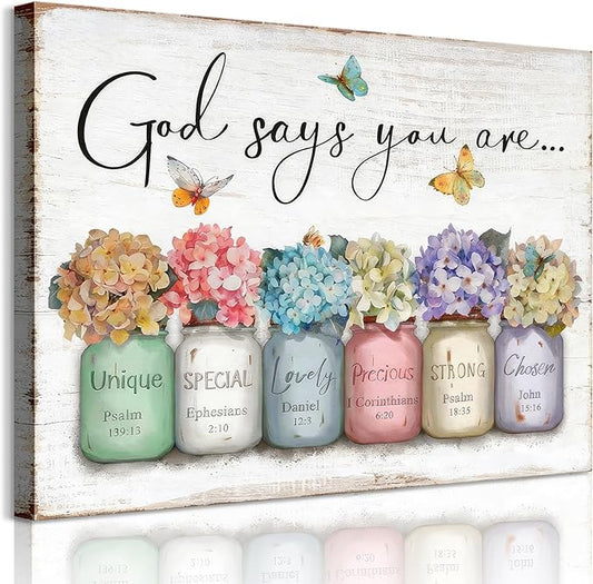 Inspirational Bible Verse Wall Art God Says You Are Sayings Wall Decort Christian Gift Quotes Painting scripture Pictures Print Flowers in Mason Jar Poster for Women Girls Bedroom(24x36 Canvas)