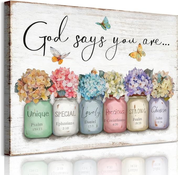 Inspirational Bible Verse Wall Art God Says You Are Sayings Wall Decort Christian Gift Quotes Painting scripture Pictures Print Flowers in Mason Jar Poster for Women Girls Bedroom(24x16 Canvas)