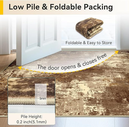 RELEANY Washable Area Rugs 2'x3' Non-Slip Modern Abstract Soft for Living Room Entryway Bedroom Nursery, Print Pattern, Brown Tan Beige Coffee