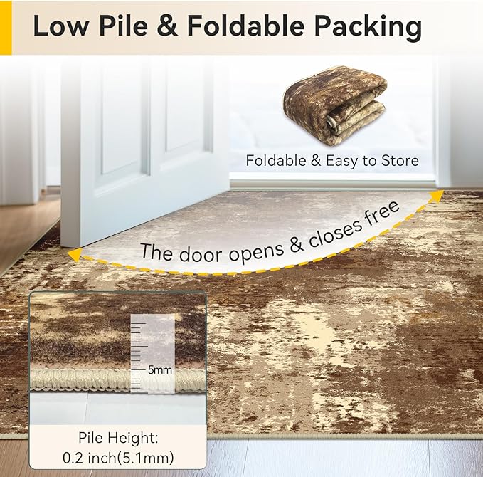 RELEANY Washable Area Rugs 2'x8' Non-Slip Modern Abstract Soft for Living Room Entryway Bedroom Nursery, Print Pattern, Brown Tan Beige Coffee