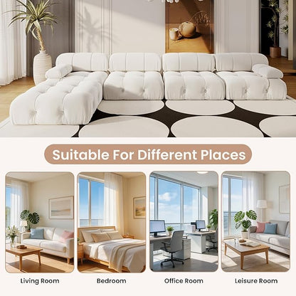 138'' Modular Sectional Couch, L-Shaped Velvet Sofa with Reversible Chaise Ottoman, Minimalist Bubble Couch, Modern Cloud Sectional Couches for Living Room, Apartment (4 Seats, 1 Ottoman, Beige)